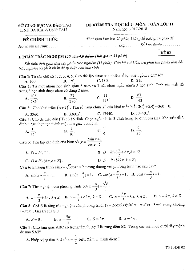 Đề thi HK1 Toán 11 năm học 2017 – 2018 sở GD và ĐT Bà Rịa – Vũng Tàu