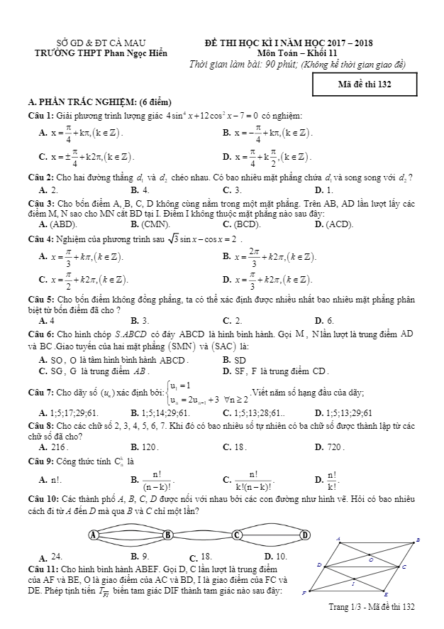 Đề thi HK1 Toán 11 năm học 2017 – 2018 trường THPT Phan Ngọc Hiển – Cà Mau