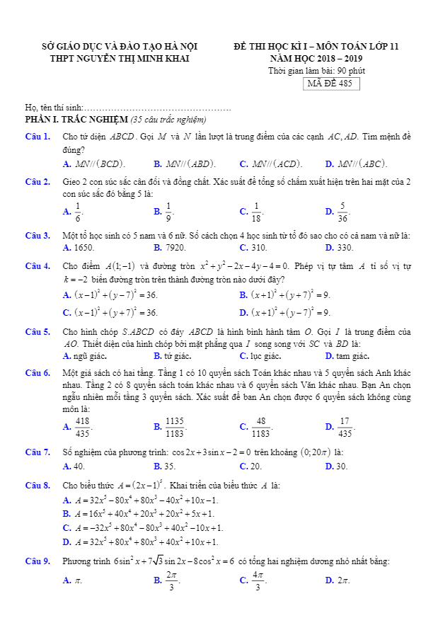 Đề thi HK1 Toán 11 năm học 2018 – 2019 trường THPT Nguyễn Thị Minh Khai – Hà Nội
