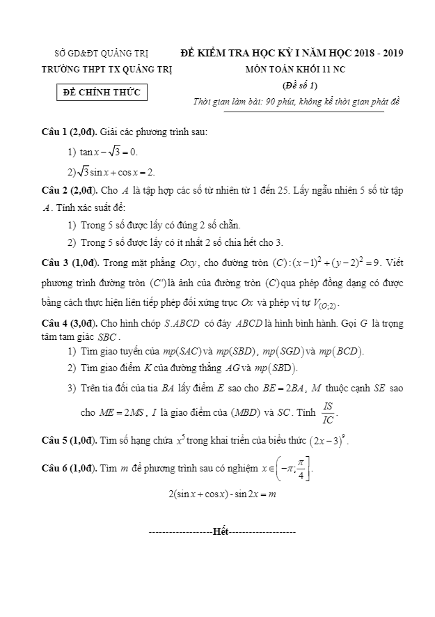Đề thi HK1 Toán 11 năm học 2018 – 2019 trường THPT Thị Xã Quảng Trị
