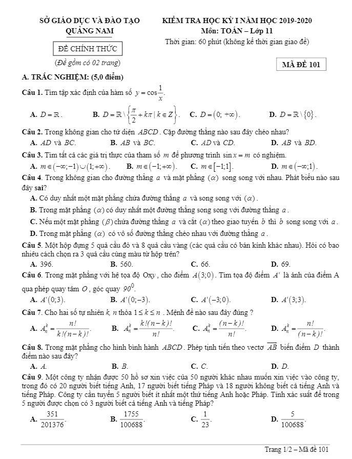 Đề thi HK1 Toán 11 năm học 2019 – 2020 sở GD&ĐT Quảng Nam