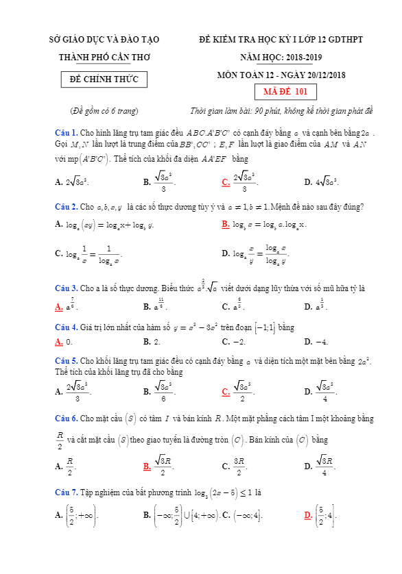 Đề thi HK1 Toán 12 GDTHPT năm học 2018 – 2019 sở GD và ĐT thành phố Cần Thơ