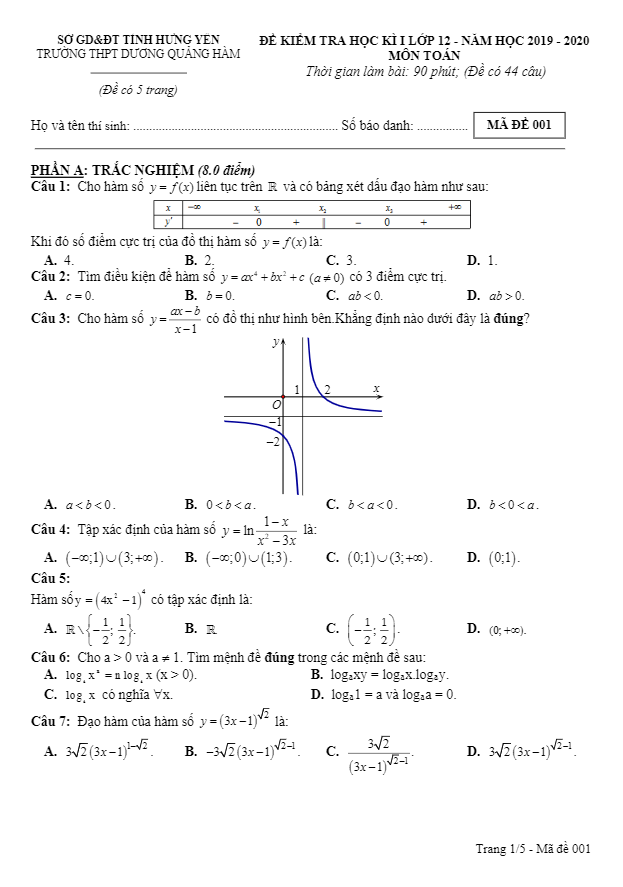 Đề thi HK1 Toán 12 năm 2019 – 2020 trường Dương Quảng Hàm – Hưng Yên