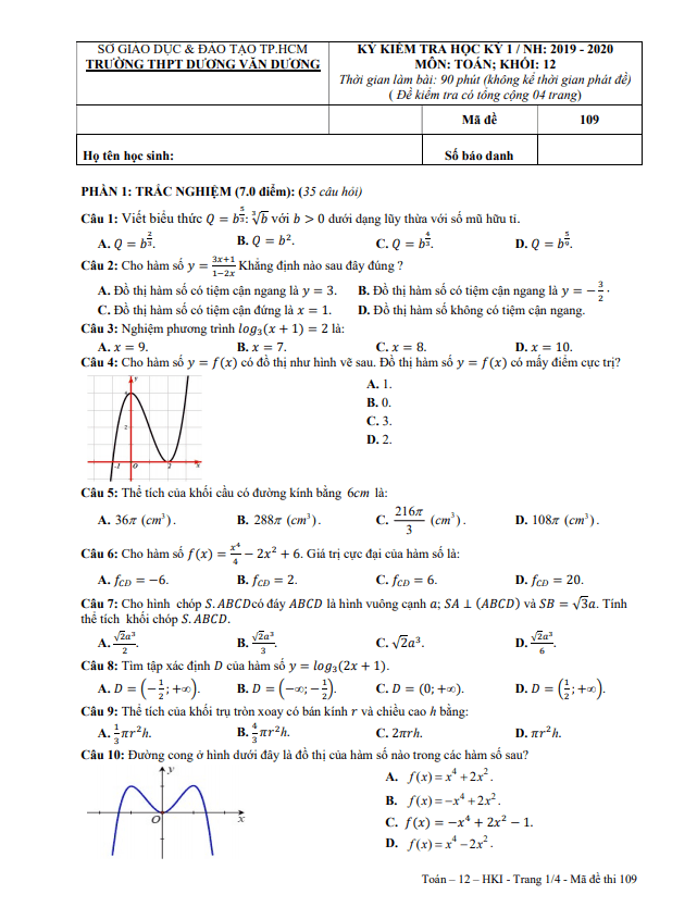 Đề thi HK1 Toán 12 năm 2019 – 2020 trường THPT Dương Văn Dương – TP HCM