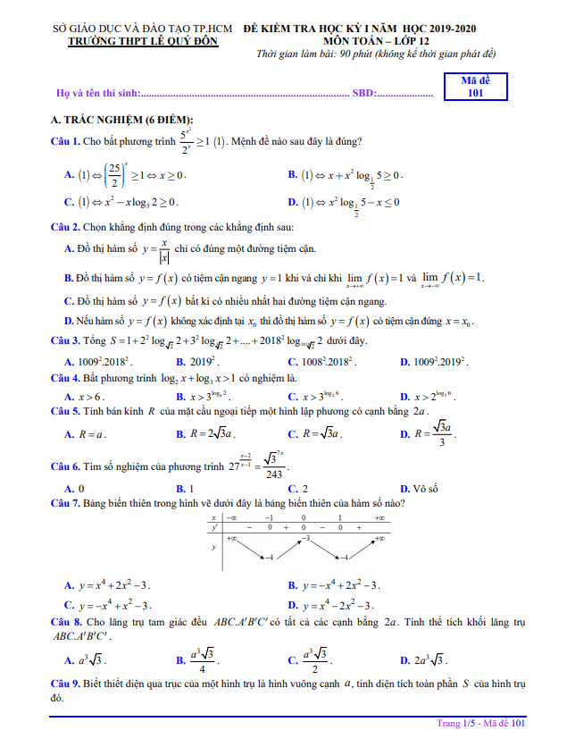 Đề thi HK1 Toán 12 năm 2019 – 2020 trường THPT Lê Quý Đôn – TP HCM