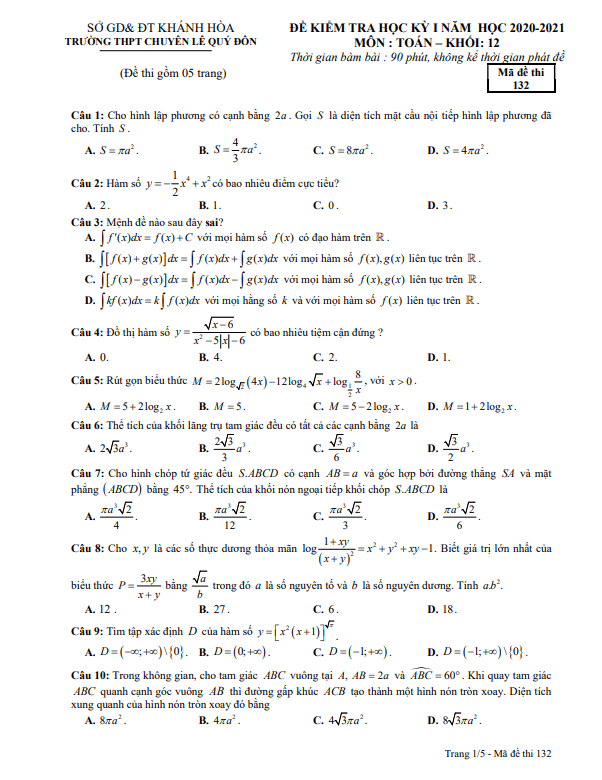 Đề thi HK1 Toán 12 năm 2020 – 2021 trường THPT chuyên Lê Quý Đôn – Khánh Hòa