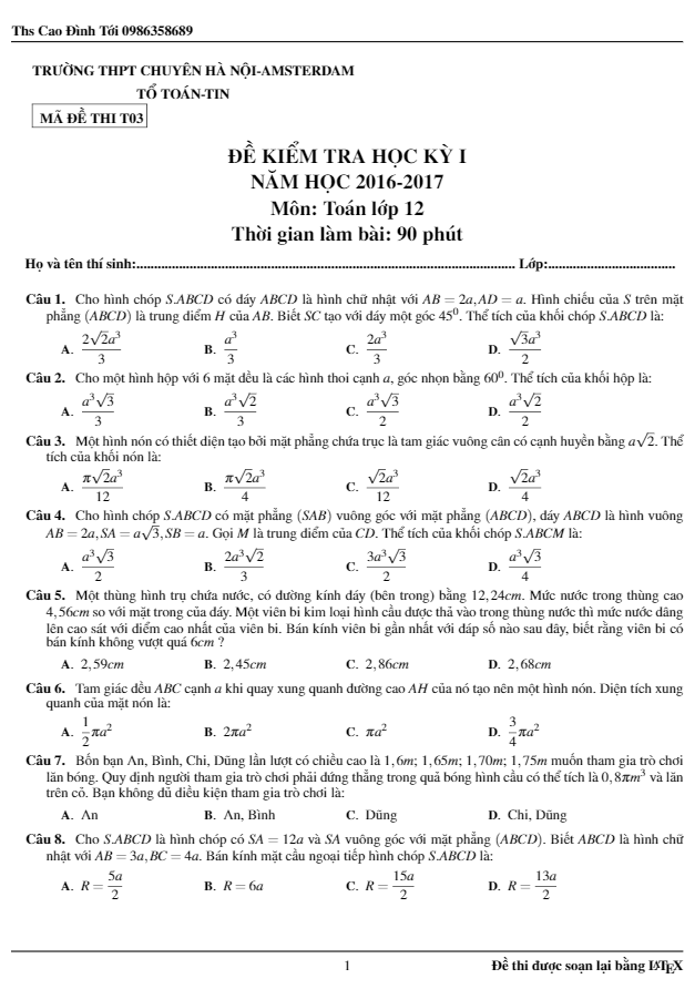 Đề thi HK1 Toán 12 năm học 2016 – 2017 trường chuyên Hà Nội – Amsterdam