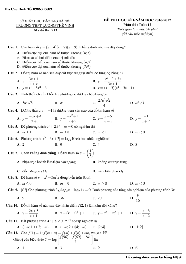 Đề thi HK1 Toán 12 năm học 2016 – 2017 trường Lương Thế Vinh – Hà Nội