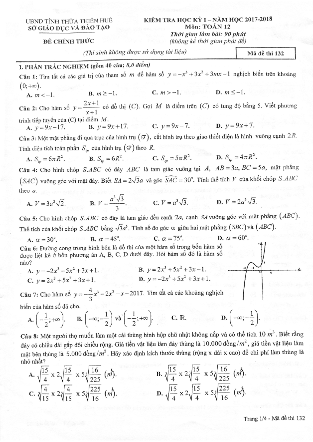 Đề thi HK1 Toán 12 năm học 2017 – 2018 sở GD và ĐT Thừa Thiên Huế