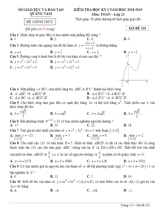 Đề thi HK1 Toán 12 năm học 2018 – 2019 sở GD và ĐT Quảng Nam