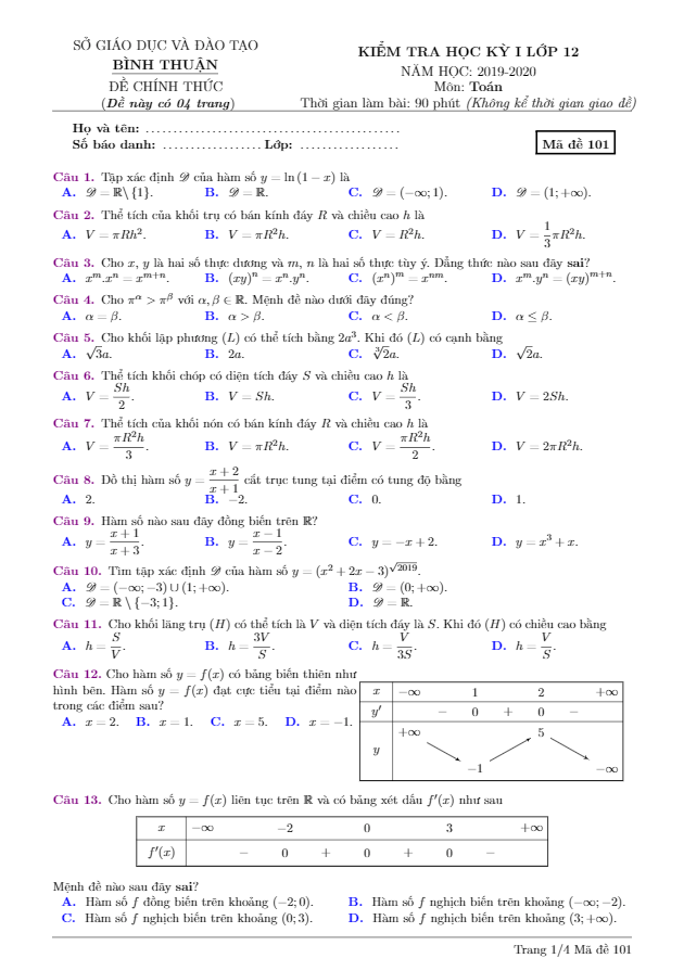 Đề thi HK1 Toán 12 năm học 2019 – 2020 sở GD&ĐT Bình Thuận