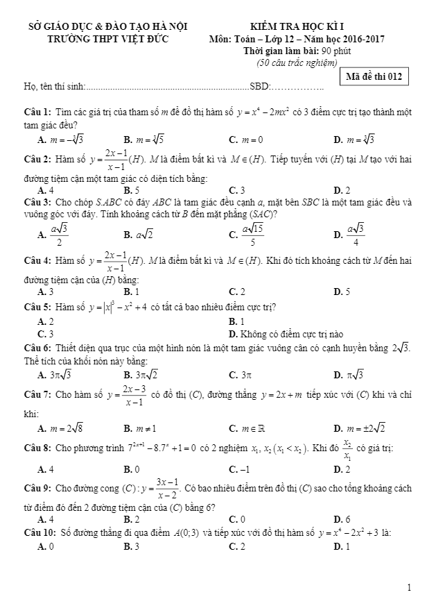 Đề thi HK1 Toán 12 trường THPT Đức Việt – Hà Nội