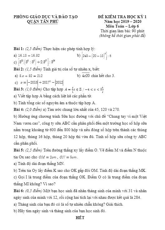 Đề thi HK1 Toán 6 năm học 2019 – 2020 phòng GD&ĐT Tân Phú – TP HCM