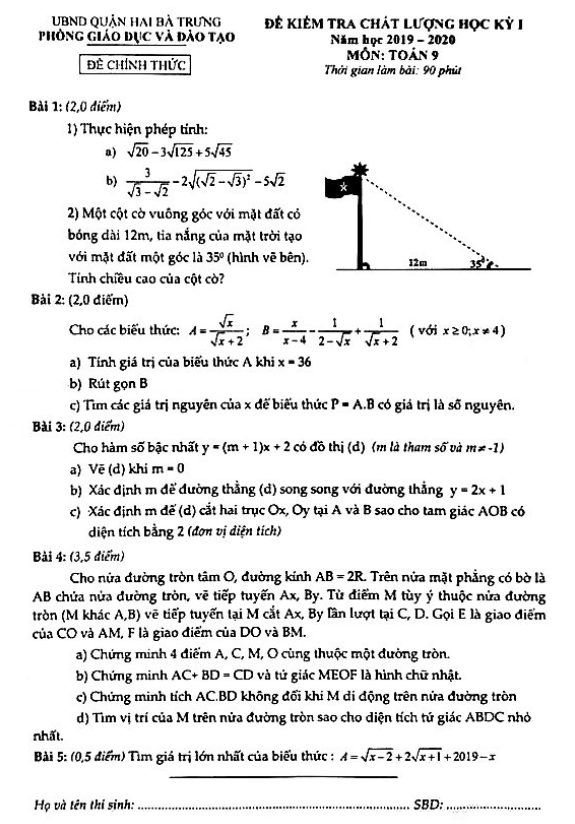 Đề thi HK1 Toán 9 năm 2019 – 2020 phòng GD&ĐT Hai Bà Trưng – Hà Nội