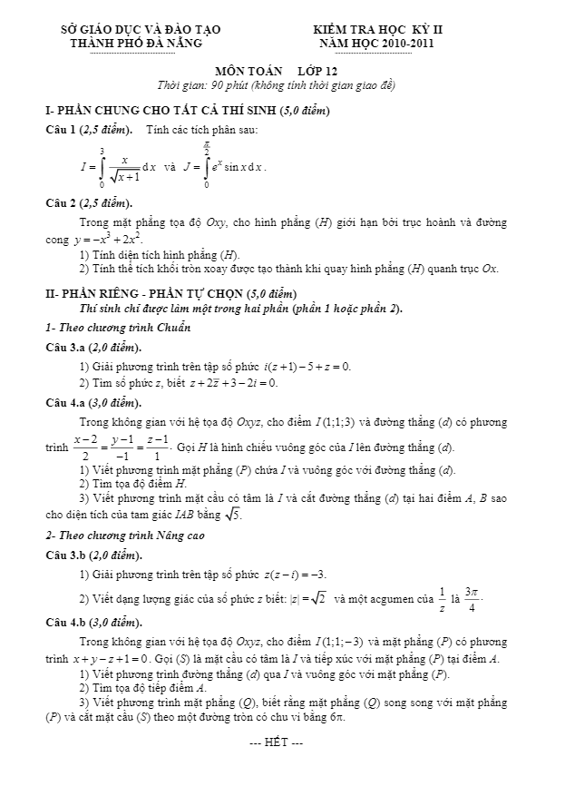 Đề thi HK2 lớp 12 Sở GD-ĐT Đà Nẵng năm học 2010 – 2011