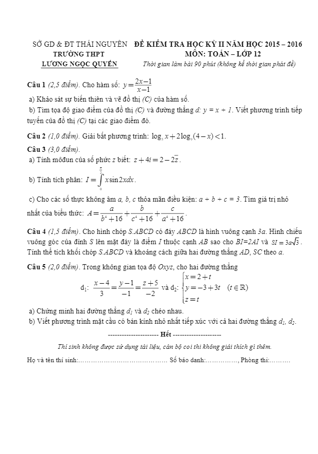 Đề thi HK2 môn Toán 12 trường Lương Ngọc Quyến – Thái Nguyên năm học 2015 – 2016