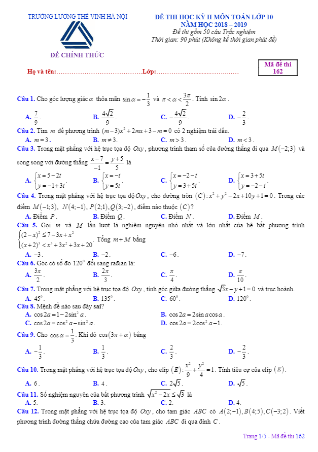 Đề thi HK2 Toán 10 năm 2018 – 2019 trường Lương Thế Vinh – Hà Nội