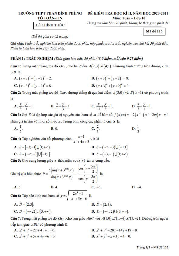 Đề thi HK2 Toán 10 năm 2020 – 2021 trường THPT Phan Đình Phùng – Hà Nội
