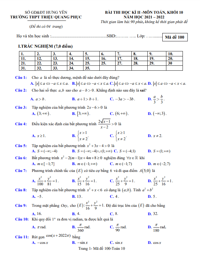 Đề thi HK2 Toán 10 năm 2021 – 2022 trường THPT Triệu Quang Phục – Hưng Yên