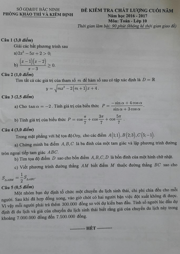 Đề thi HK2 Toán 10 năm học 2016 – 2017 sở GD và ĐT Bắc Ninh