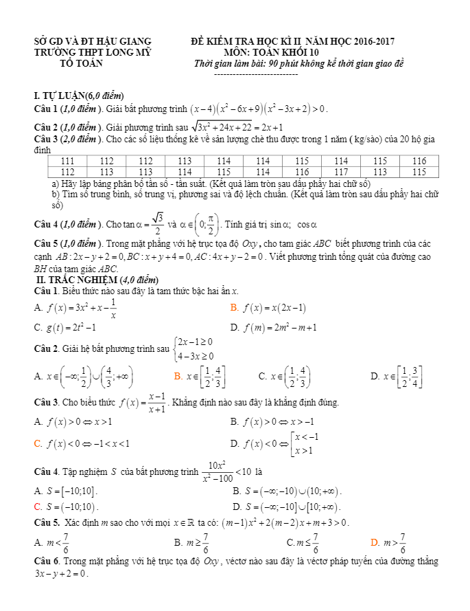 Đề thi HK2 Toán 10 năm học 2016 – 2017 trường THPT Long Mỹ – Hậu Giang