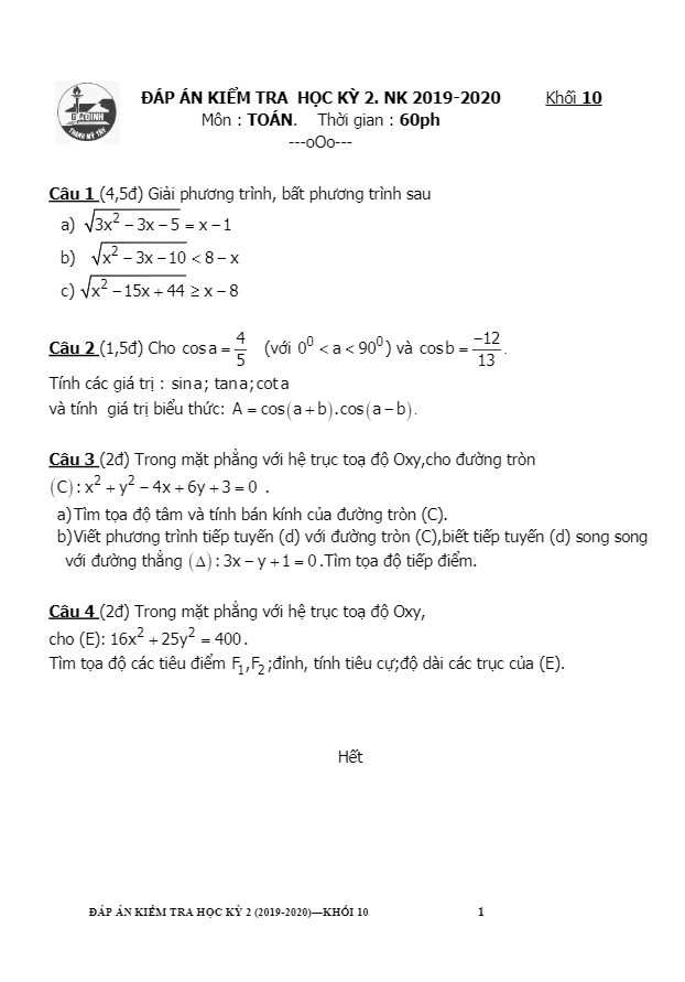 Đề thi HK2 Toán 10 năm học 2019 – 2020 trường THPT Gia Định – TP HCM