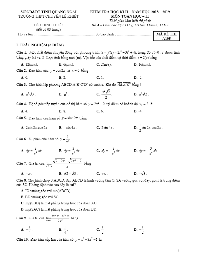 Đề thi HK2 Toán 11 năm 2018 – 2019 trường chuyên Lê Khiết – Quảng Ngãi