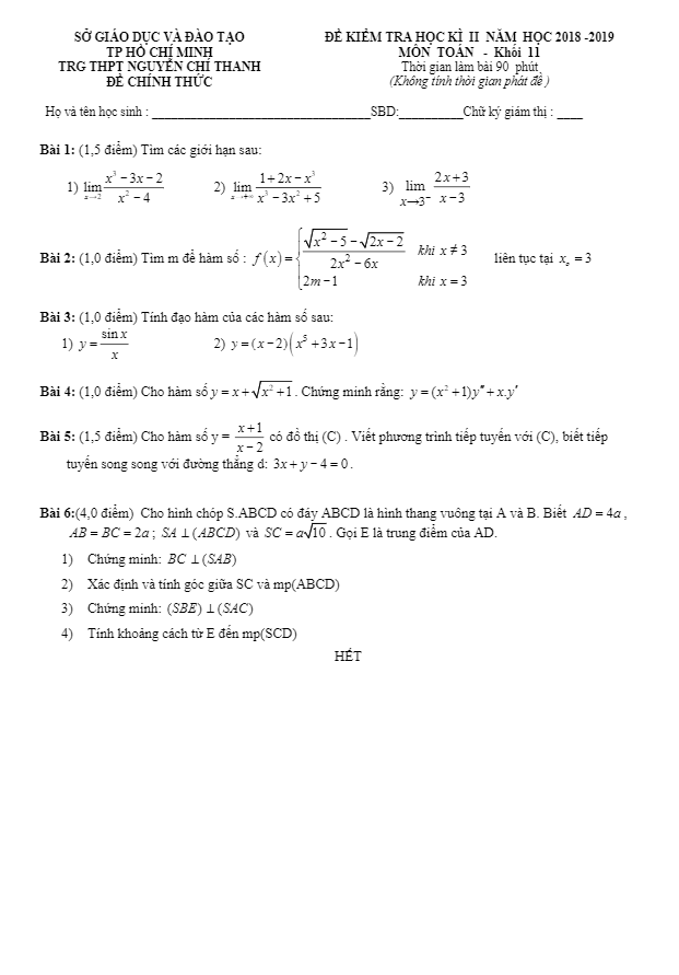 Đề thi HK2 Toán 11 năm 2018 – 2019 trường THPT Nguyễn Chí Thanh – TP HCM