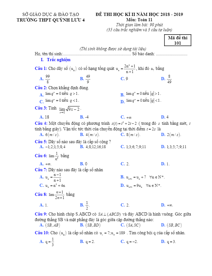 Đề thi HK2 Toán 11 năm 2018 – 2019 trường THPT Quỳnh Lưu 4 – Nghệ An