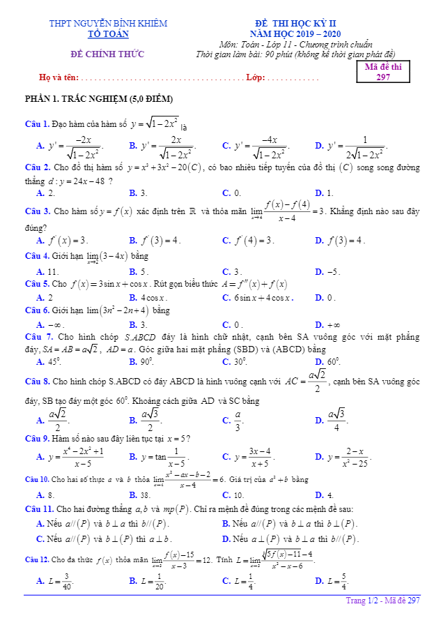Đề thi HK2 Toán 11 năm 2019 – 2020 trường THPT Nguyễn Bỉnh Khiêm – Gia Lai