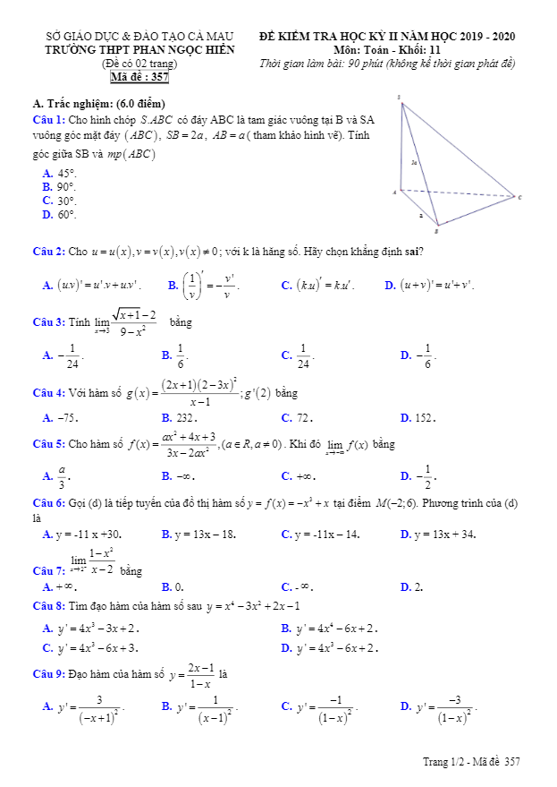 Đề thi HK2 Toán 11 năm 2019 – 2020 trường THPT Phan Ngọc Hiển – Cà Mau