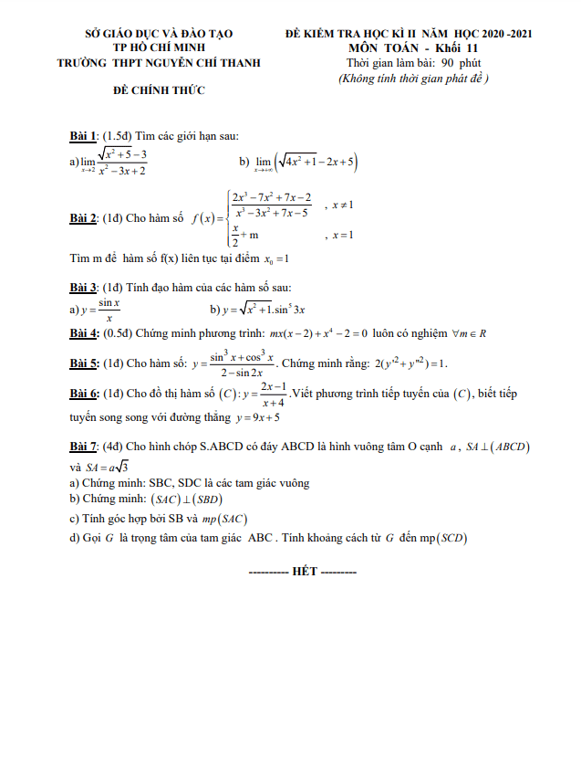 Đề thi HK2 Toán 11 năm 2020 – 2021 trường THPT Nguyễn Chí Thanh – TP HCM