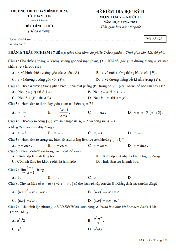 Đề thi HK2 Toán 11 năm 2020 – 2021 trường THPT Phan Đình Phùng – Hà Nội