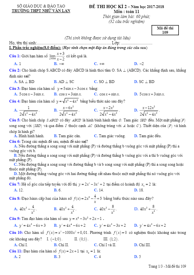 Đề thi HK2 Toán 11 năm học 2017 – 2018 trường THPT Nhữ Văn Lan – Hải Phòng