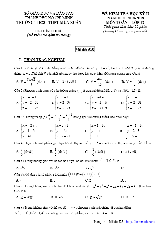 Đề thi HK2 Toán 12 năm 2018 – 2019 trường THCS – THPT Mùa Xuân – TP HCM