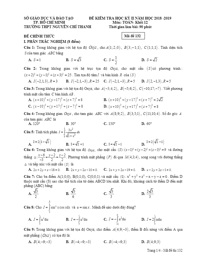 Đề thi HK2 Toán 12 năm 2018 – 2019 trường THPT Nguyễn Chí Thanh – TP HCM