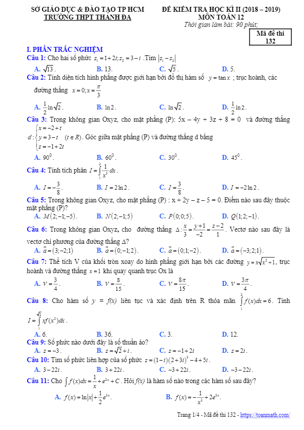 Đề thi HK2 Toán 12 năm 2018 – 2019 trường THPT Thanh Đa – TP HCM