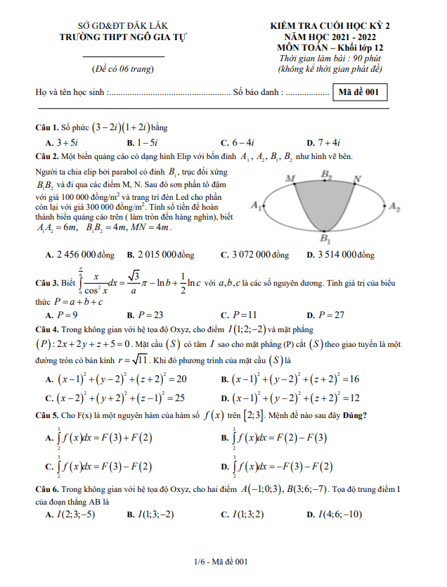 Đề thi HK2 Toán 12 năm 2021 – 2022 trường THPT Ngô Gia Tự – Đắk Lắk