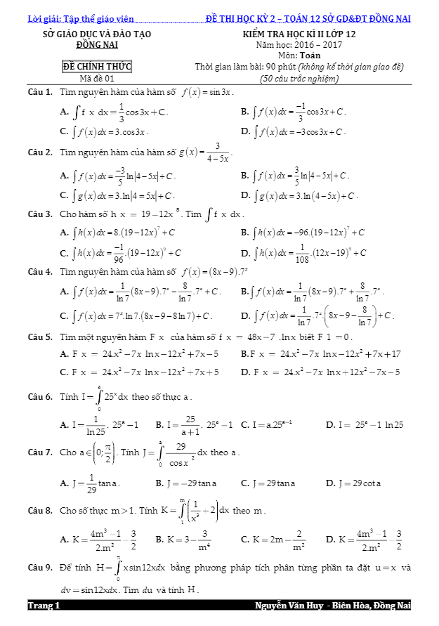 Đề thi HK2 Toán 12 năm học 2016 – 2017 sở GD và ĐT Đồng Nai