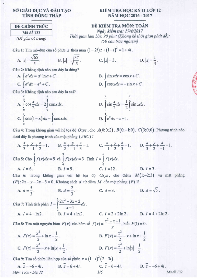 Đề thi HK2 Toán 12 năm học 2016 – 2017 sở GD và ĐT Đồng Tháp