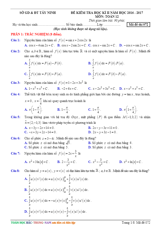 Đề thi HK2 Toán 12 năm học 2016 – 2017 sở GD và ĐT Tây Ninh