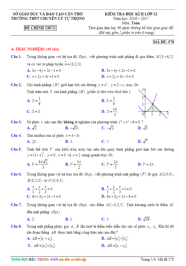 Đề thi HK2 Toán 12 năm học 2016 – 2017 trường THPT chuyên Lý Tự Trọng – Cần Thơ