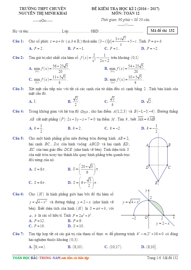 Đề thi HK2 Toán 12 năm học 2016 – 2017 trường THPT chuyên Nguyễn Thị Minh Khai – Sóc Trăng