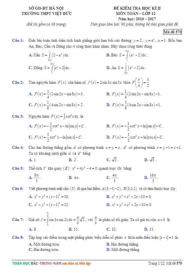 Đề thi HK2 Toán 12 năm học 2016 – 2017 trường THPT Việt Đức – Hà Nội