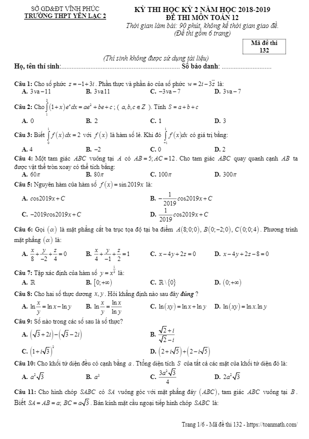 Đề thi HK2 Toán 12 năm học 2018 – 2019 trường THPT Yên Lạc 2 – Vĩnh Phúc
