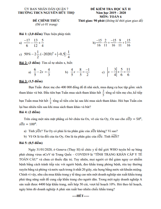 Đề thi HK2 Toán 6 năm 2019 – 2020 trường THCS Nguyễn Hữu Thọ – TP HCM