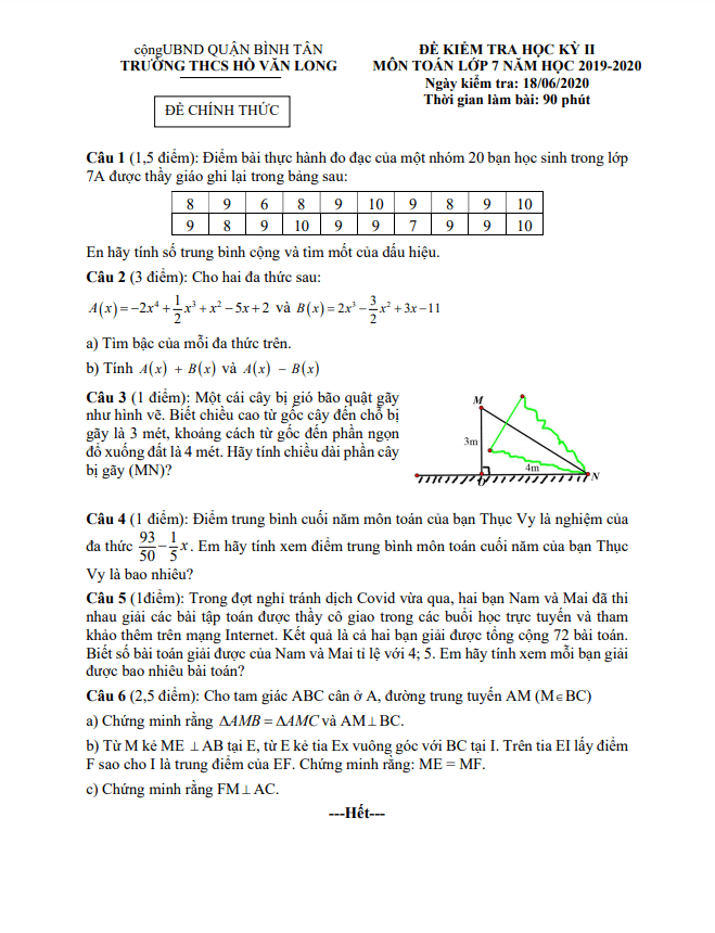 Đề thi HK2 Toán 7 năm 2019 – 2020 trường THCS Hồ Văn Long – TP HCM