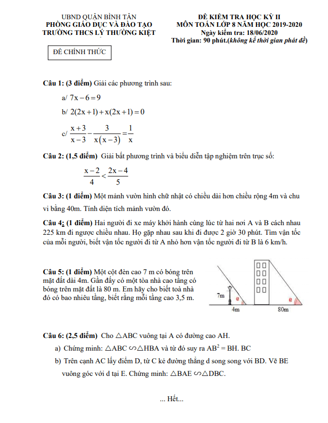 Đề thi HK2 Toán 8 năm 2019 – 2020 trường THCS Lý Thường Kiệt – TP HCM