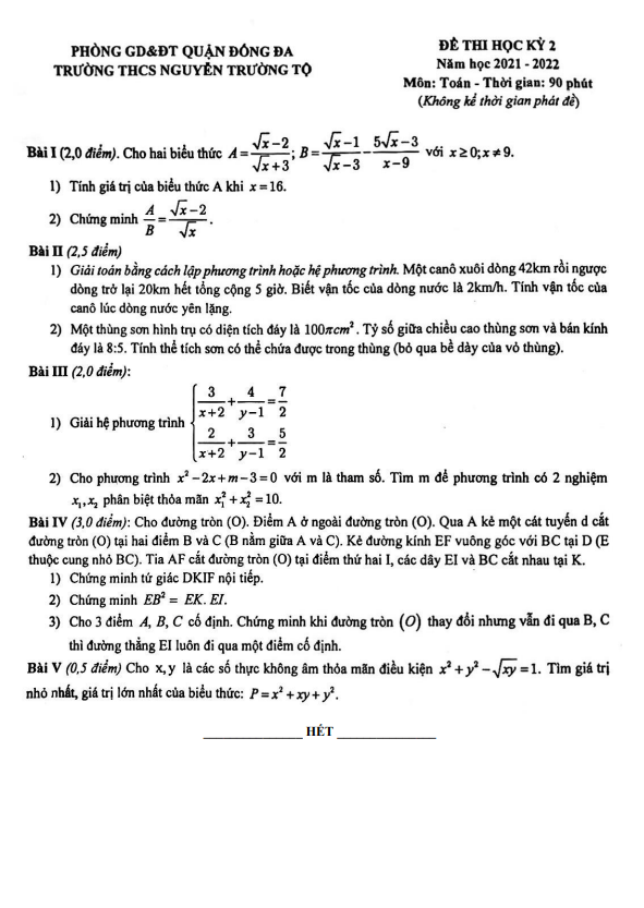 Đề thi HK2 Toán 9 năm 2021 – 2022 trường THCS Nguyễn Trường Tộ – Hà Nội