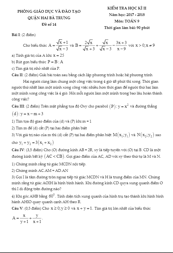 Đề thi HK2 Toán 9 năm học 2017 – 2018 phòng GD và ĐT Hai Bà Trưng – Hà Nội